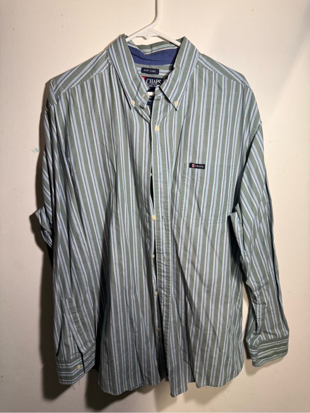 Chaps Men's Button-Down Stripe Shirt in Sage Green and White